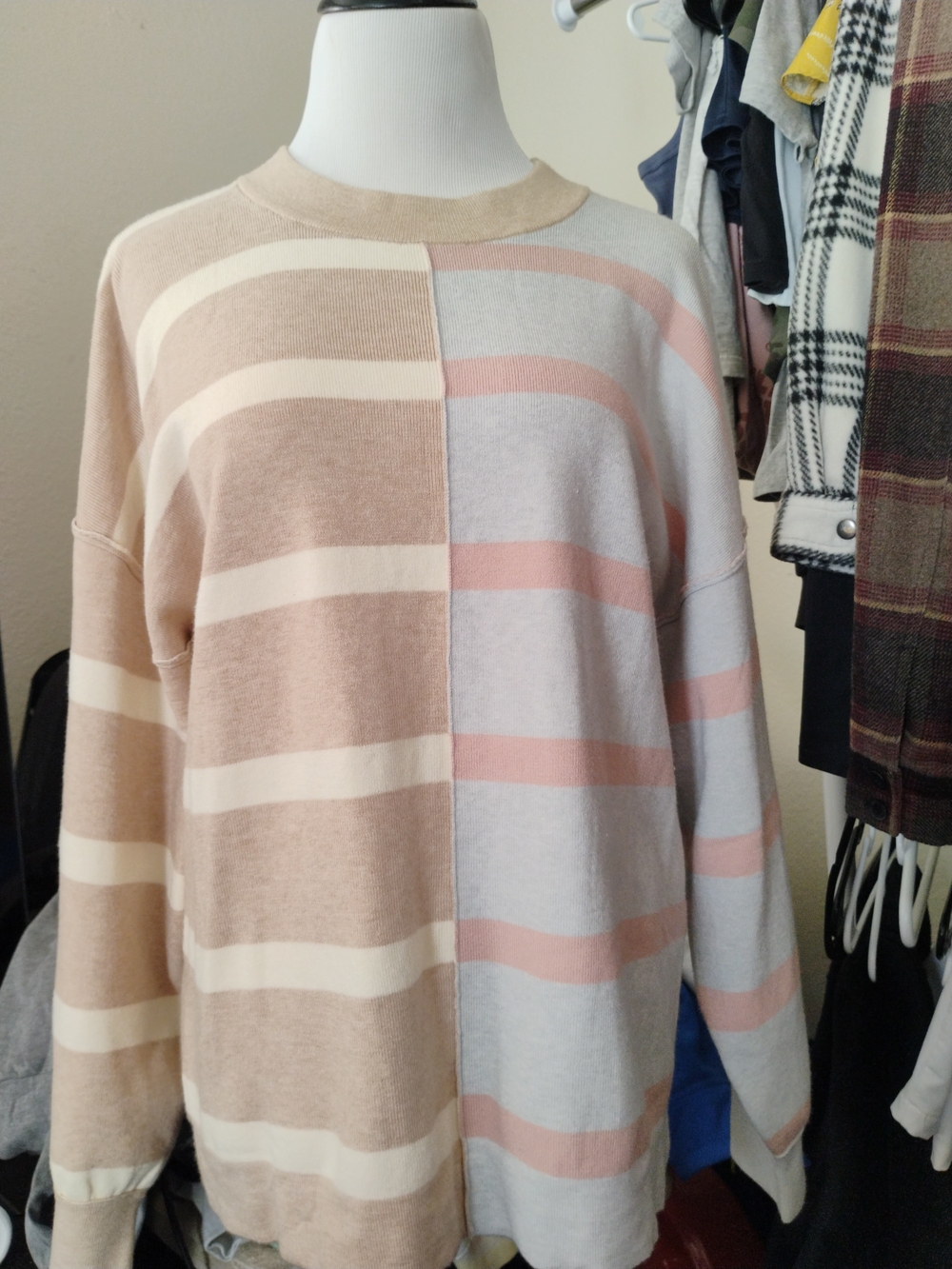 Source Unknown Striped Colorblock Crewneck Sweater - Beige, Cream & Light Pink